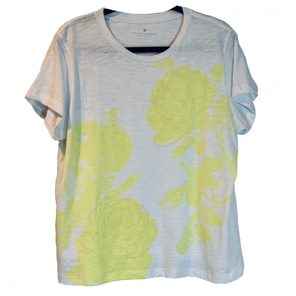 Women’s Elliot Lauren T-Shirt Size Large White & Yellow Floral Stitched